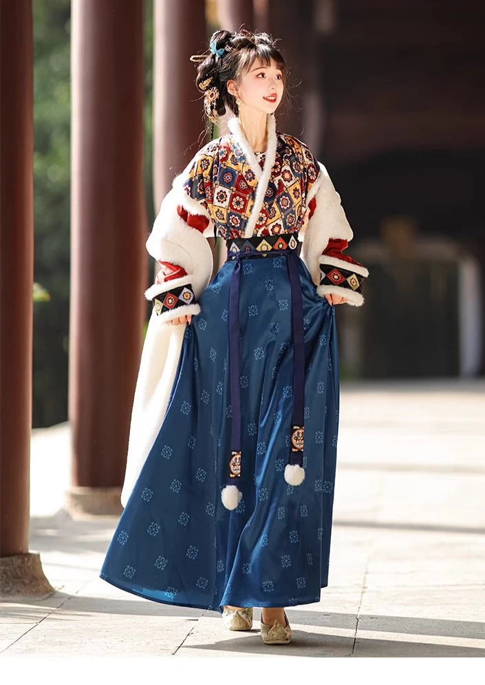 Women Modern Tang Dynasty Hanfu Set Faux Fur Shawl | HANFUBAO