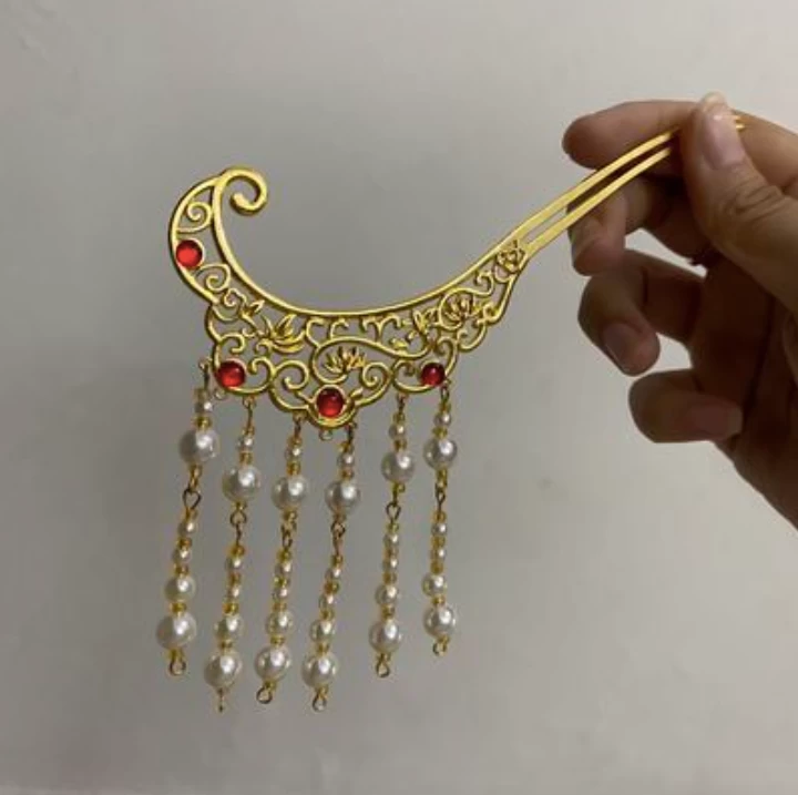 Women Copper Faux Pearl Hairpin Gold Peony Flower Crown | HANFUBAO