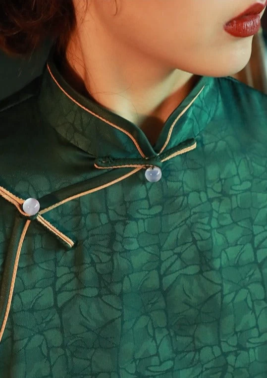 Women Daily Hanfu Jasper Green Qipao Dress High Slit Gambiered Gauze| HANFUBAO