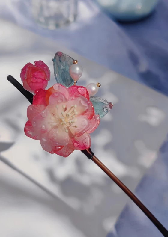 Women Handmade Cherry Blossom Pink Shrinky Dink Hanfu Hairpiece| HANFUBAO