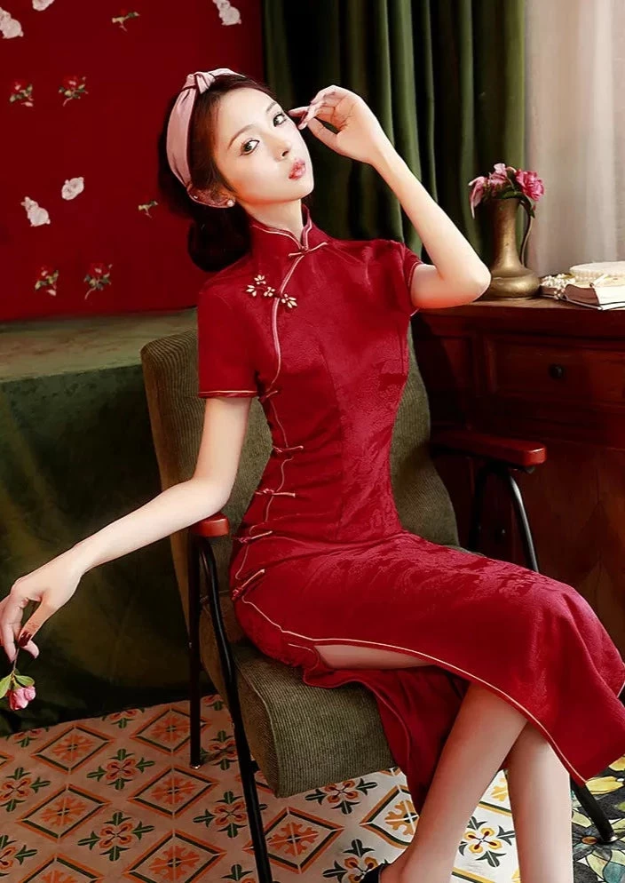 Women’s Acetate Satin Modern Hanfu Qipao Dress Wine Red | HANFUBAO