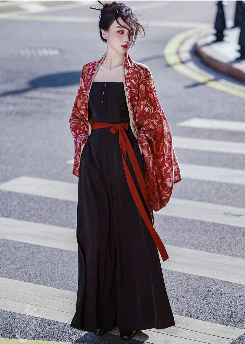 Women Tencel Linen Modern Hanfu 4-Piece Pants Set Vermilion | HANFUBAO