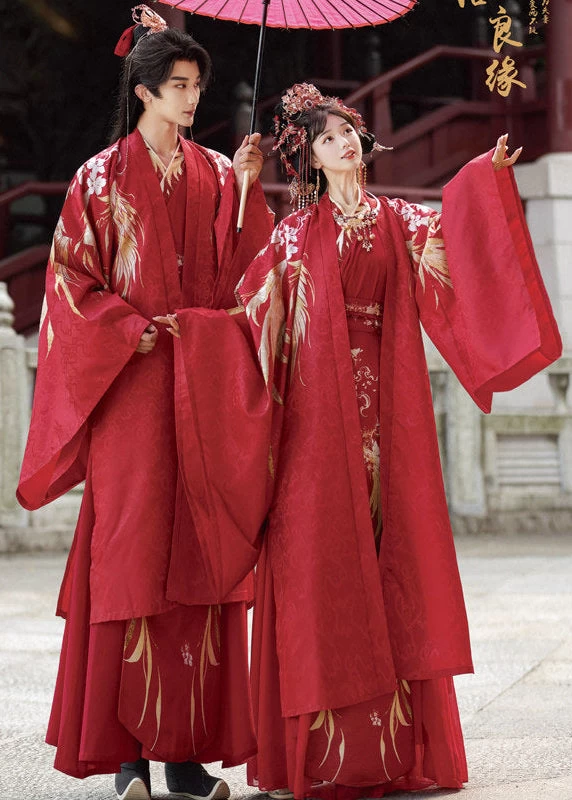 Women 3-Piece Wedding Hanfu Crane Feather Embroidered Red Plus Size| HANFUBAO