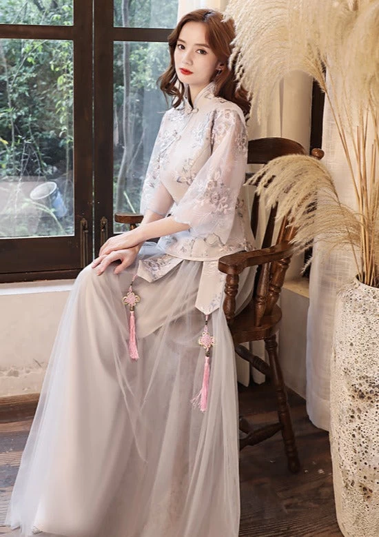 Women Chinese Style Hanfu Bridesmaid Dress Set Gray Plus Size | HANFUBAO