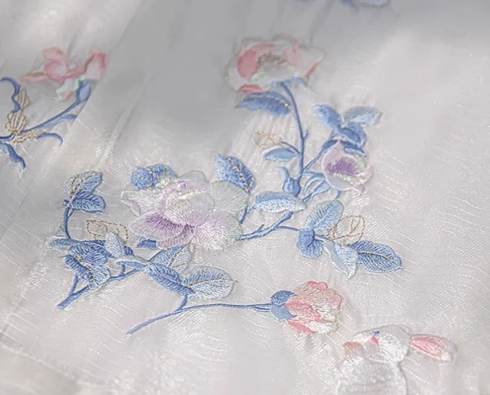 Women's Daily Hanfu Chiffon Puff Sleeve Top+Skirt Floral Rabbit Embroidery| HANFUBAO
