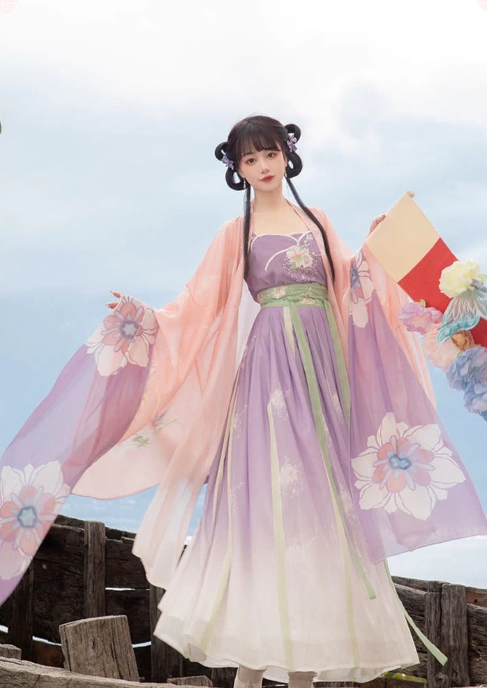 Women Modern Hanfu Chiffon Floral Embroidered Pink Dress Set | HANFUBAO