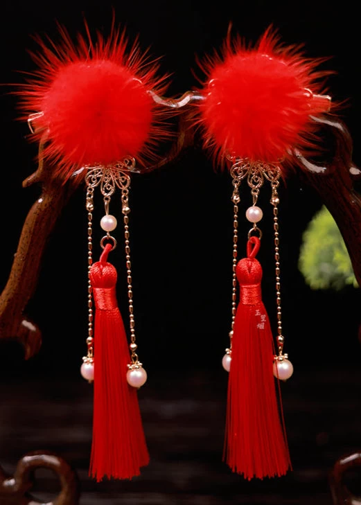 Unisex Hanfu Mink Fur Pom Hair Pieces Snowball White Set of 2 | HANFUBAO