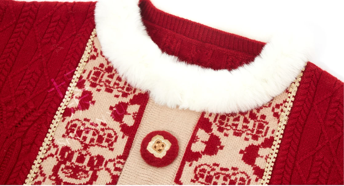 HANFUBAO | Women Acrylic Modern Hanfu Knit 3pc Set Festive Red Embroidery S-L