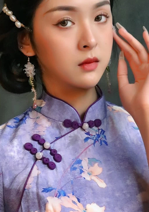 Women Modern Hanfu Linen Qipao Purple Magnolia Print | HANFUBAO
