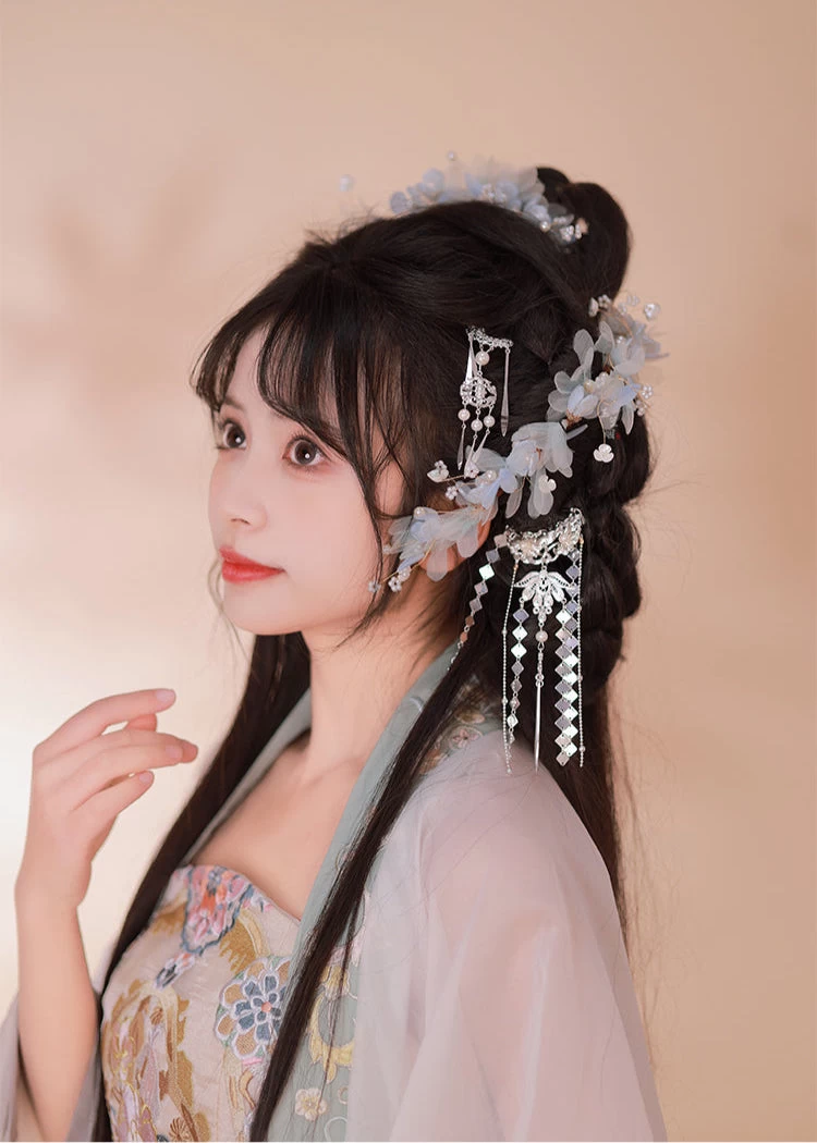 Women Hanfu Yarn Flower Hair Pieces & Earrings Set Snow White Orchid | HANFUBAO