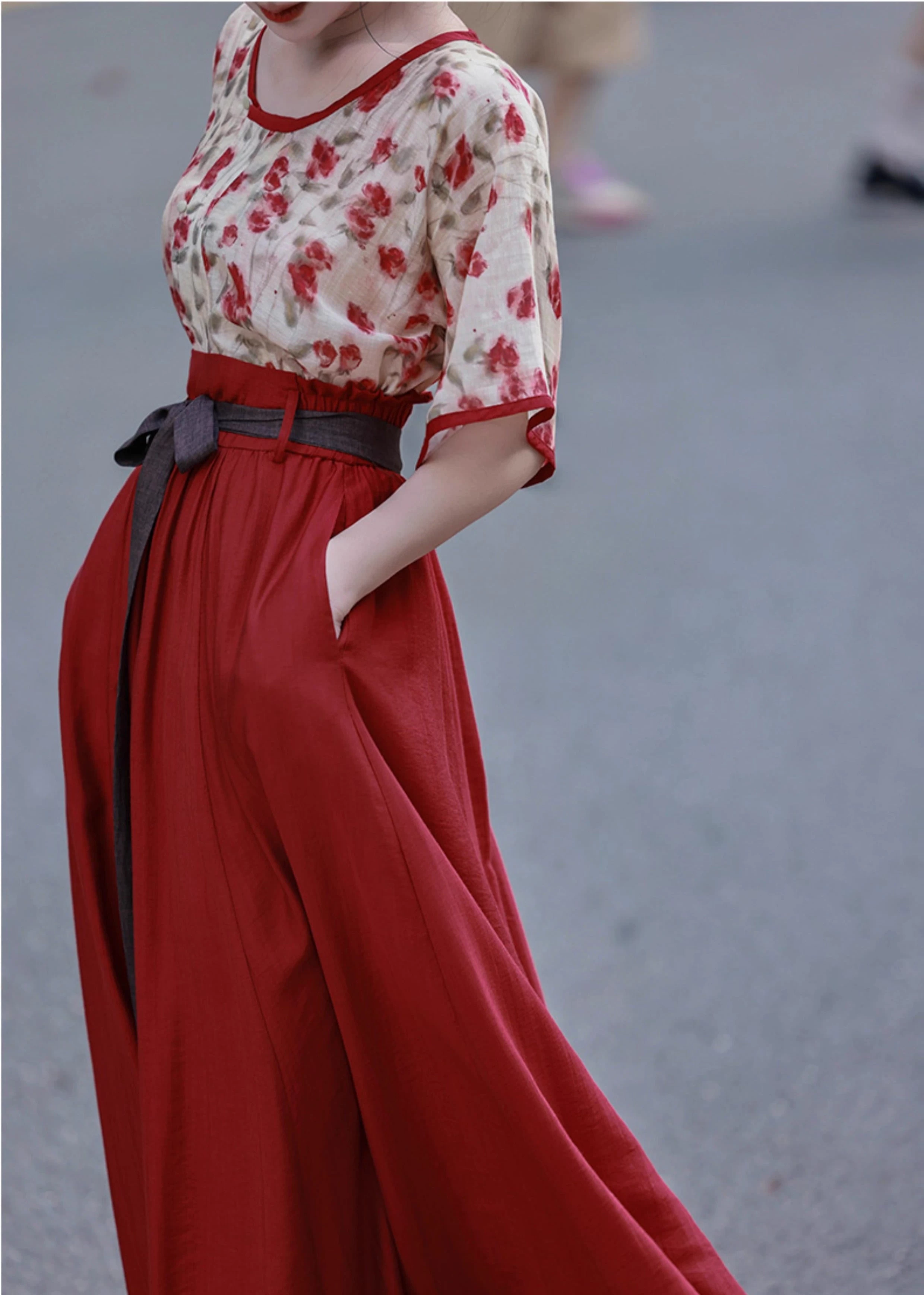 Women Modern Hanfu Linen-Blend 2pc Top Skirt Set Rose Tea | HANFUBAO