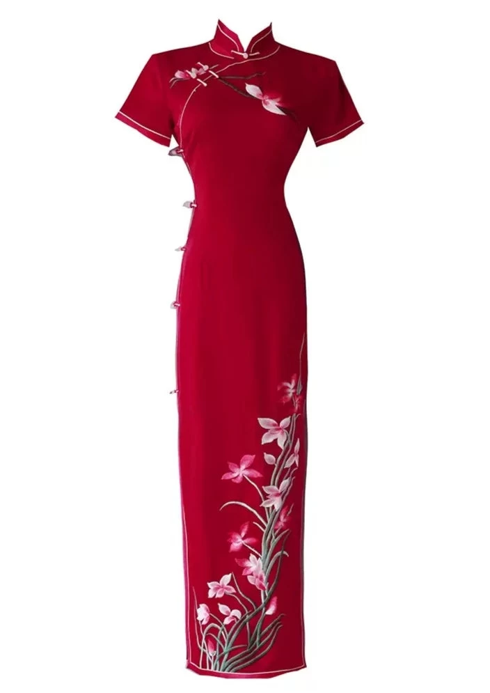 Women Modern Acetate Satin Daily Hanfu Red Magnolia Qipao Dress | HANFUBAO