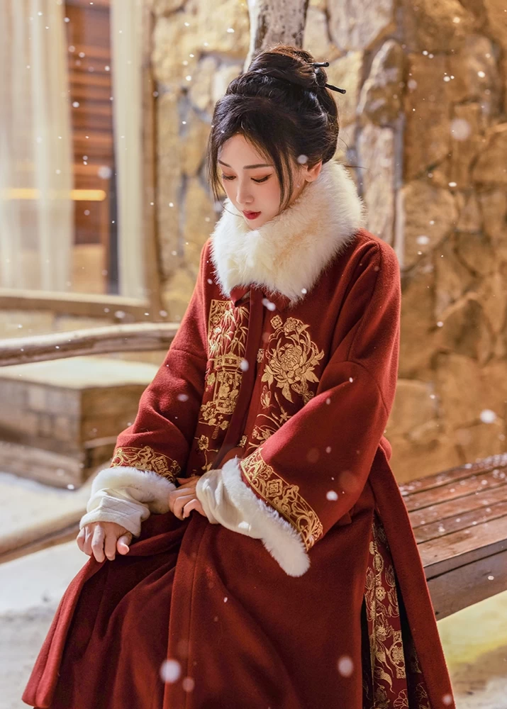 Mirelia | Women  Modern Hanfu Dress Set Fur Collar Floral Red XS-XL