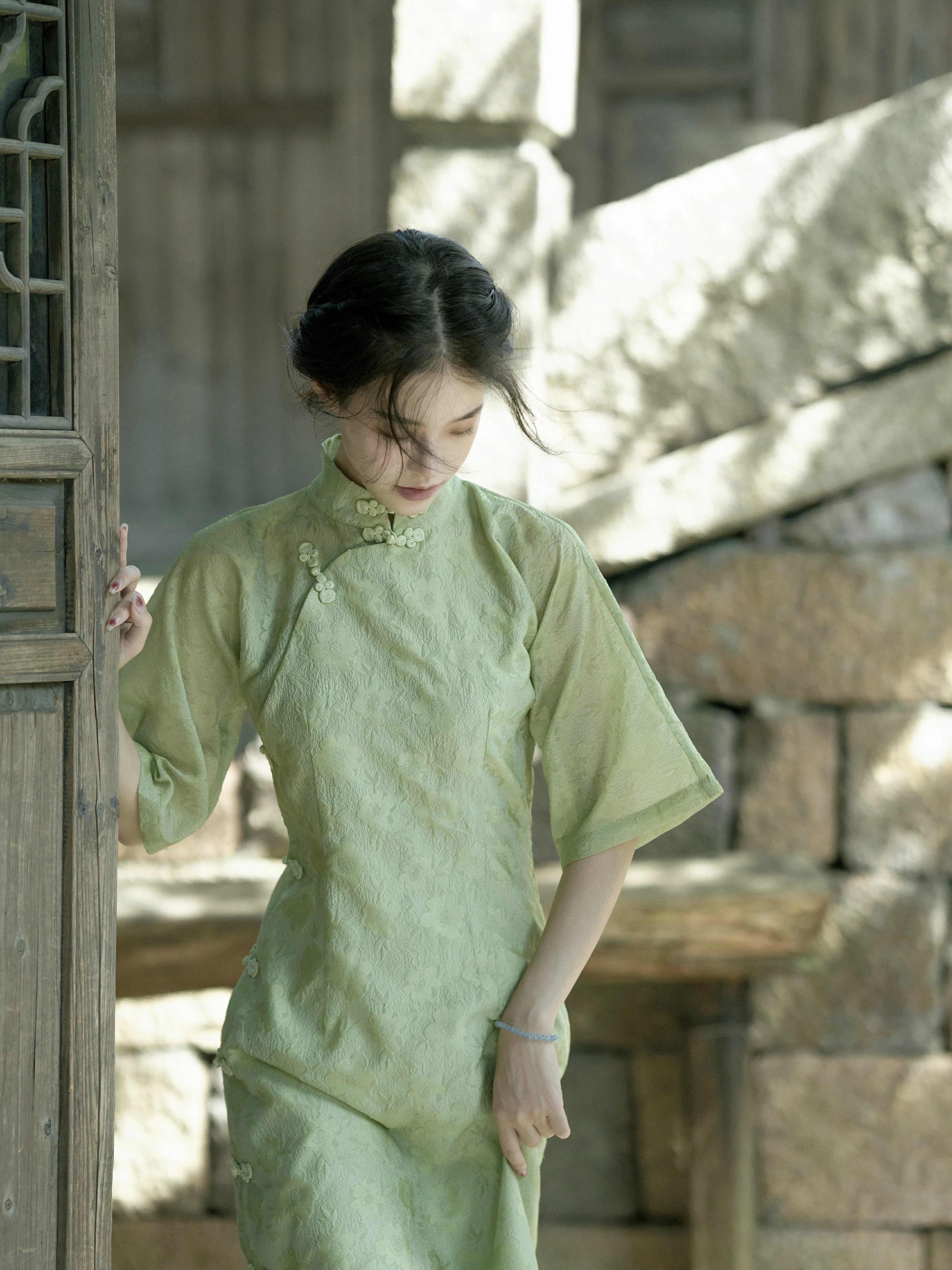 Women's Vintage Green Mandarin Collar Qipao Dress, Polyester-Rayon | HANFUBAO