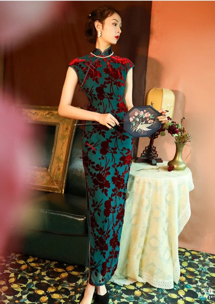 Women Vintage Navy Velvet Qipao Cheongsam High Slit Evening| HANFUBAO
