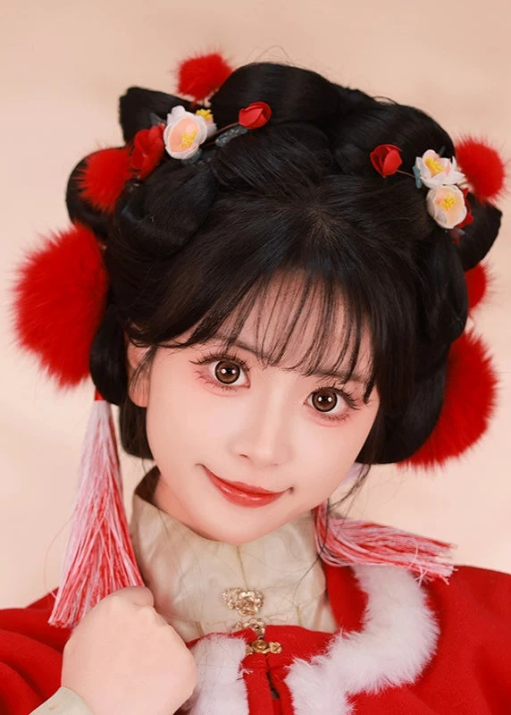 Women Fox Fur Hanfu Hair Pom Poms Snow White Set of 6 | HANFUBAO