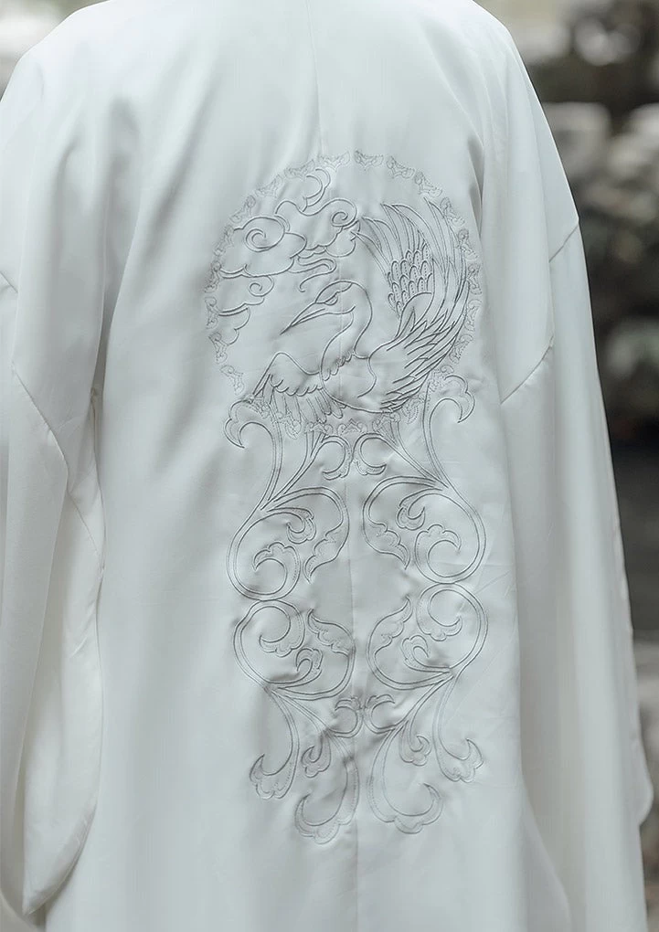 Men's Daily Hanfu Set White Crane Embroidery Yarn  Plus Size | HANFUBAO