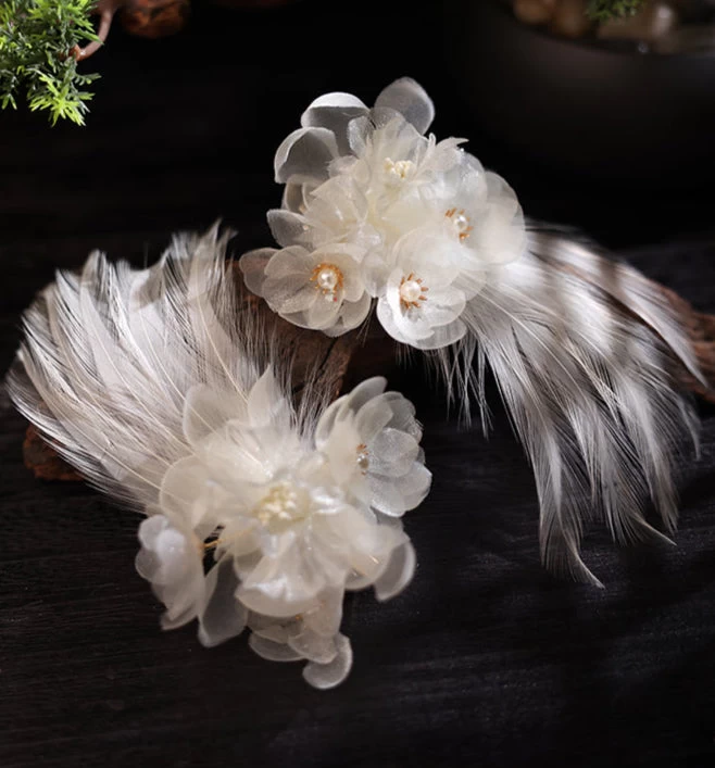 Women Shrink Plastic Hair Clips, Purple Floral Feather Pair | HANFUBAO