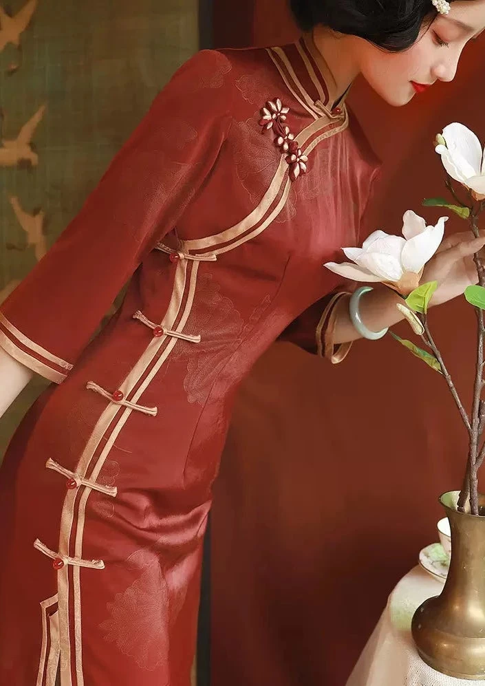 Women Acetate Satin Modern Hanfu Qipao Dress Wine Red | HANFUBAO