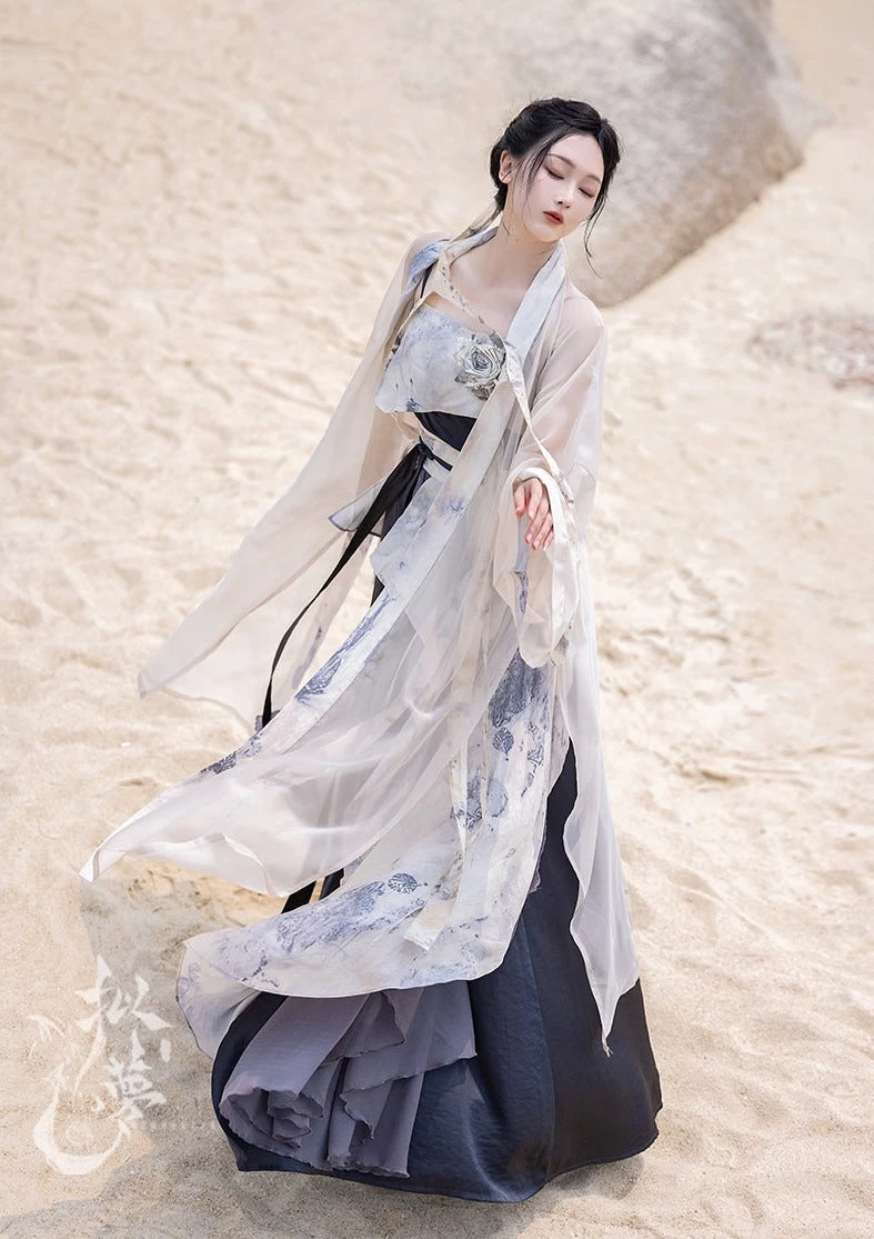 Women Daily Hanfu 3-Piece Modern Ivory Dress Set, Lab Silk Cotton | HANFUBAO