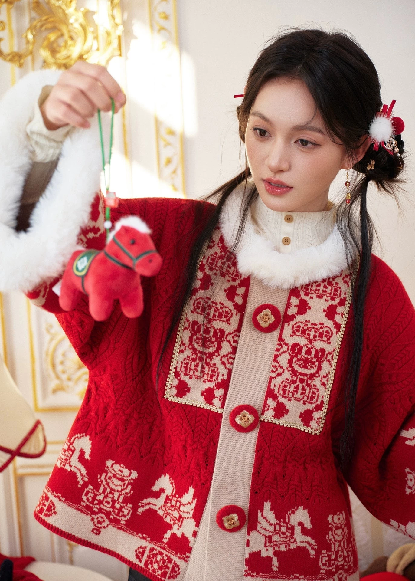 HANFUBAO | Women Acrylic Modern Hanfu Knit 3pc Set Festive Red Embroidery S-L