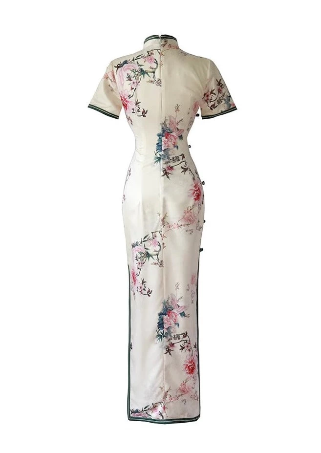Women's Acetate Satin Qipao Cheongsam Ivory Rose Floral Plus Size| HANFUBAO