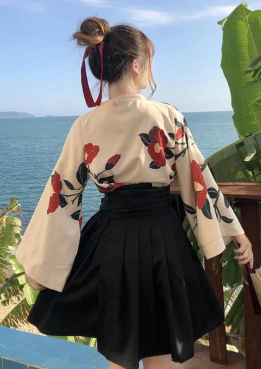 Women Modern Daily Hanfu Short Dress Camellia Red/Black  Plus Size | HANFUBAO