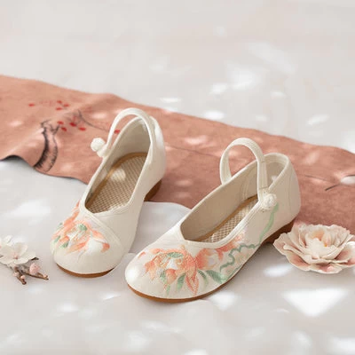 Women Canvas Hanfu Embroidered Flats Ivory/Blush Floral| HANFUBAO