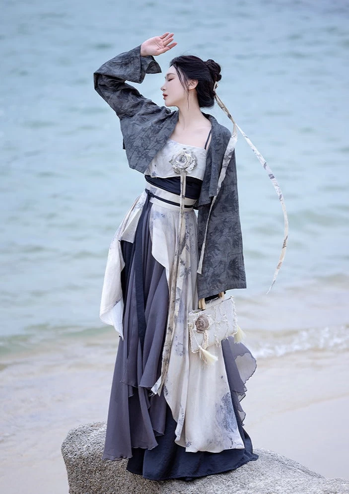 Women Daily Hanfu 3-Piece Modern Ivory Dress Set, Lab Silk Cotton | HANFUBAO