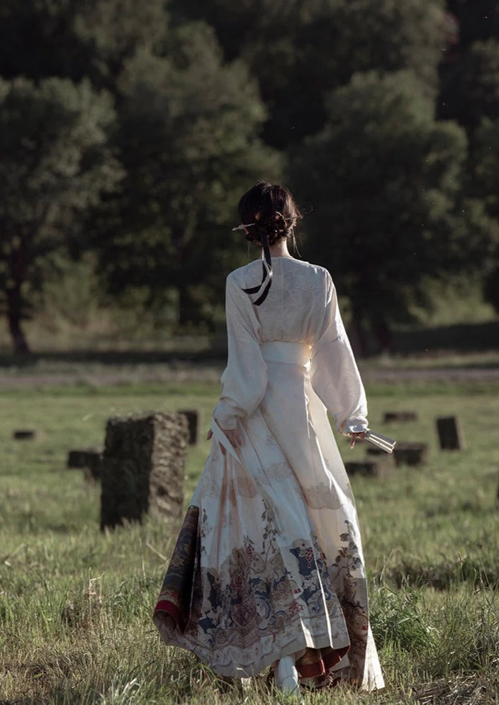 HANFUBAO | Women Cotton-Blend Hanfu Ma Mian Skirt 3pc Set Ivory/Red Brocade XS-XL