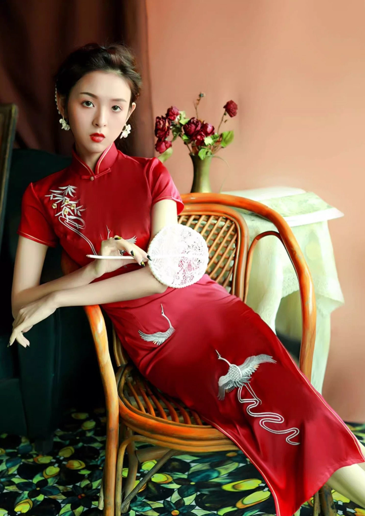 Women’s Red Crane Embroidered Acetate Satin Qipao Dress | HANFUBAO