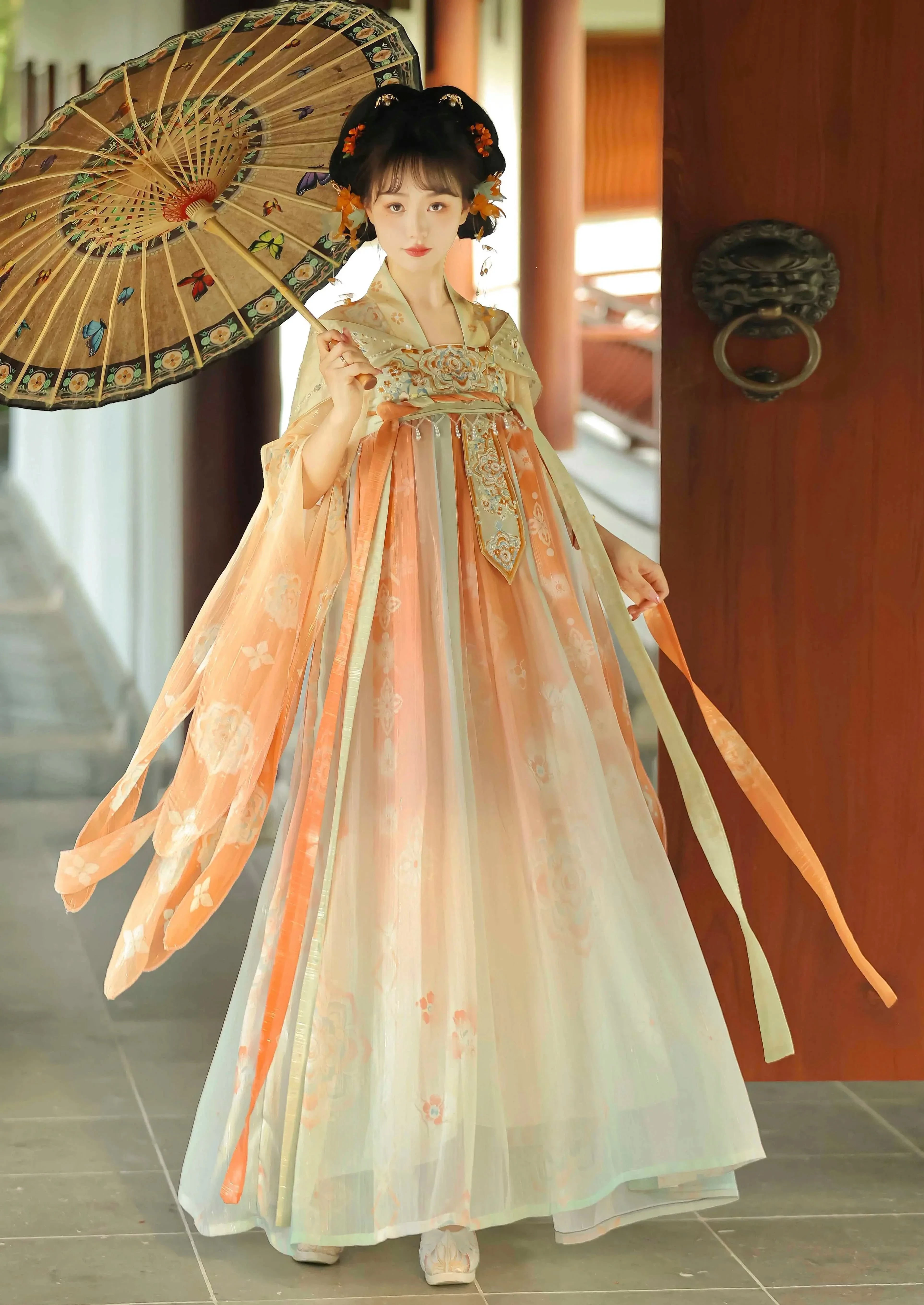 Women’s 3-Piece Tang Embroidered Chiffon Hanfu Set, Skirt+Shawl | HANFUBAO