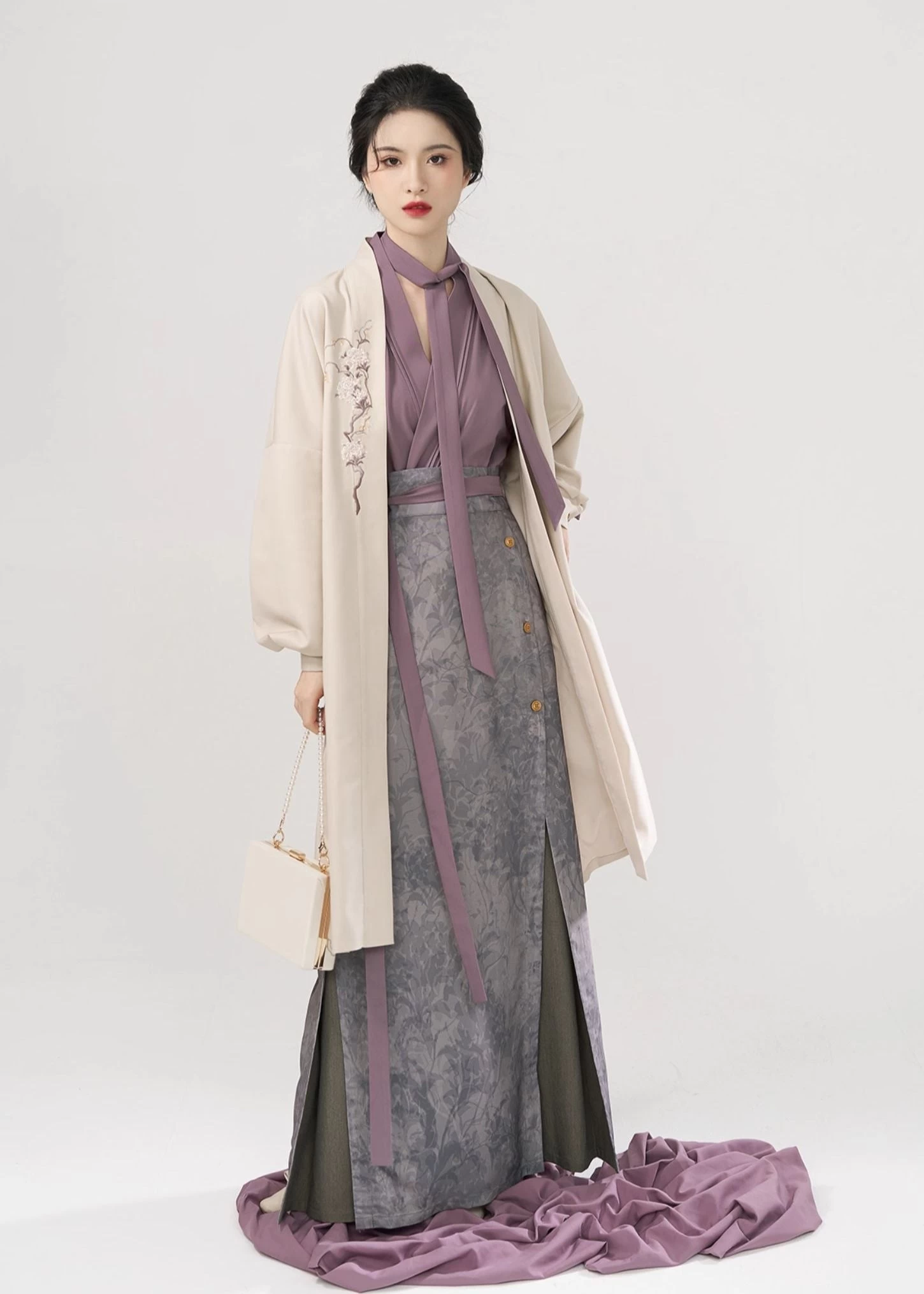 Women Modern Hanfu Cotton Blend Skirt Set Blue Floral Plus Size | HANFUBAO