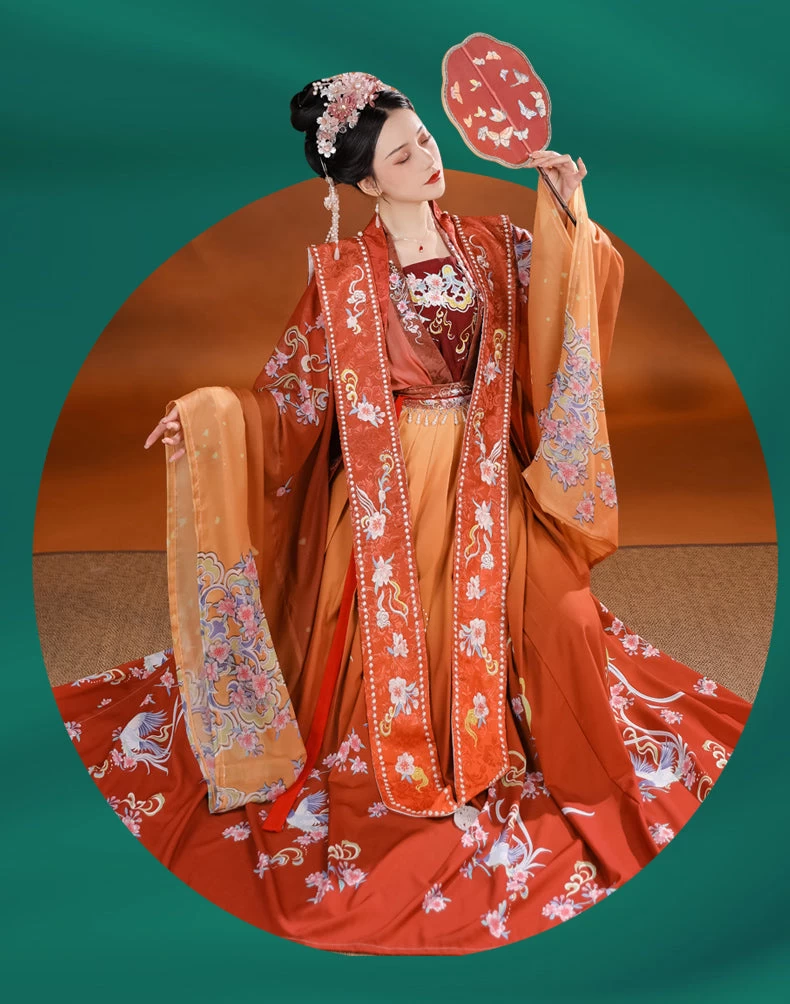 Women Modern Daily Hanfu Set Blue/Orange Magpie Print Flower Embroidery | HANFUBAO