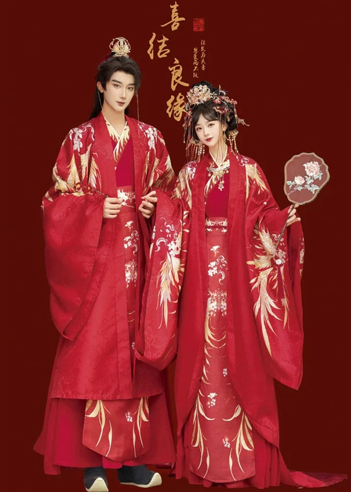 Women 3-Piece Wedding Hanfu Crane Feather Embroidered Red Plus Size| HANFUBAO