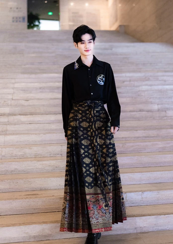 Unisex Daily Hanfu Wide Skirt Golden Sun Bird Print  Plus Size | HANFUBAO