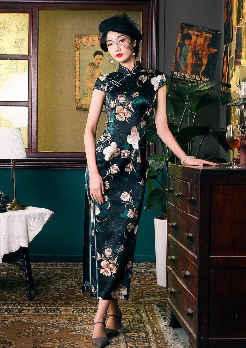 Silvoria | Girls Silk Blend Cheongsam Qipao Maxi Dress Floral Black S-XXXL