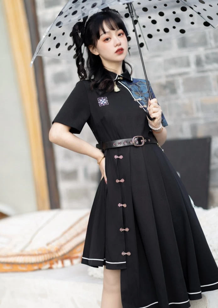 Women's Modern Black Lolita Daily Hanfu Dress, Plus Size | HANFUBAO