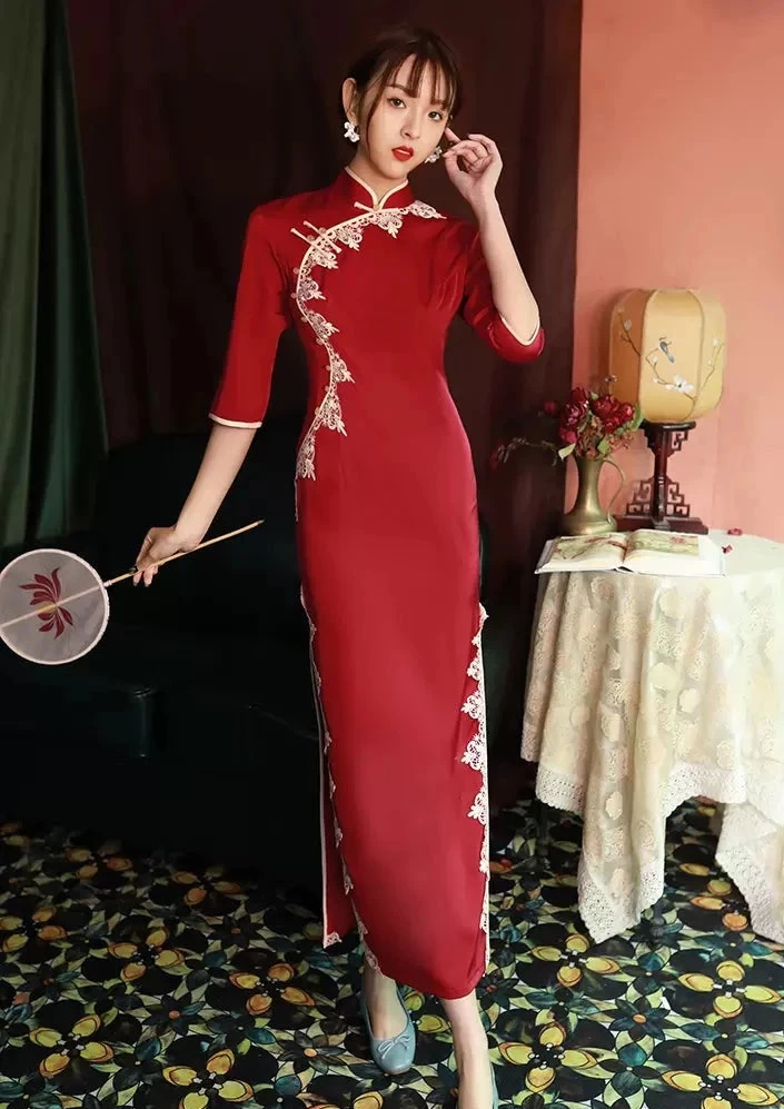 Women Modern Hanfu Satin Qipao Dress Ruby Red | HANFUBAO