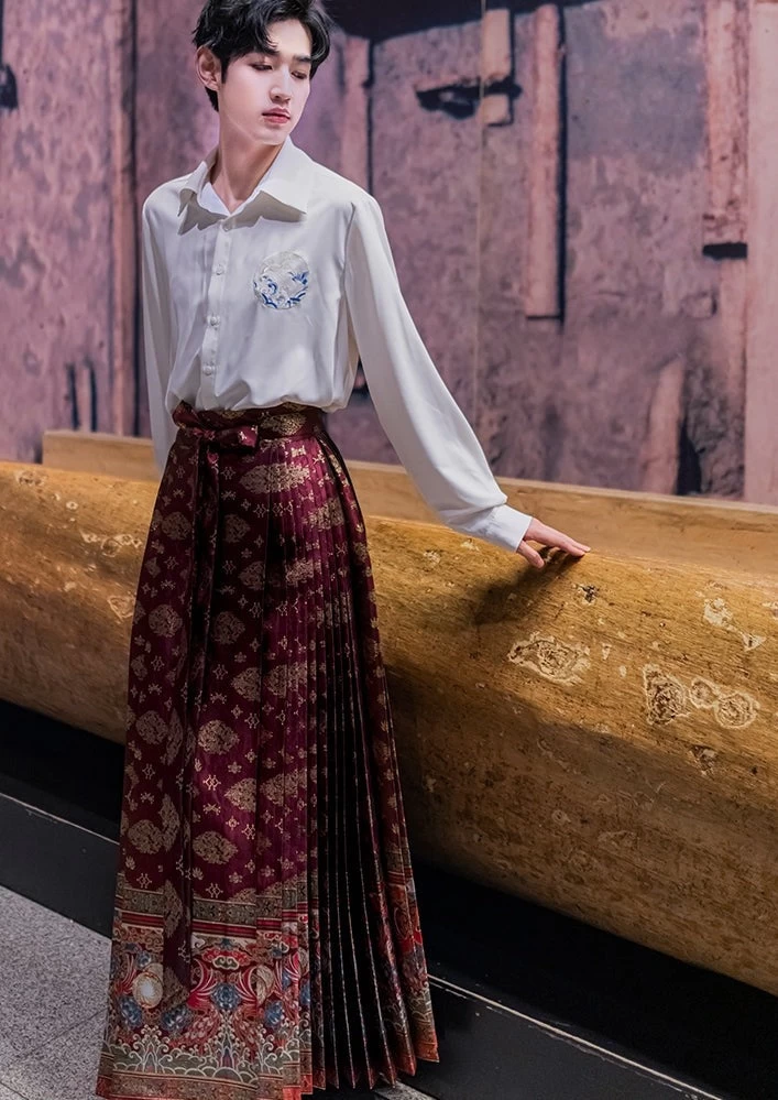 Unisex Daily Hanfu Wide Skirt Golden Sun Bird Print  Plus Size | HANFUBAO