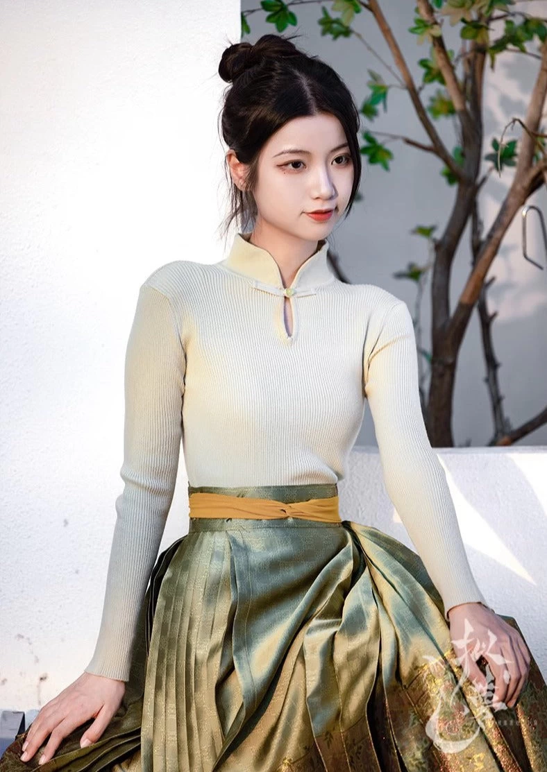 Women’s Daily Hanfu Ribbed Knit Mandarin Collar Top, 9 Colors | HANFUBAO