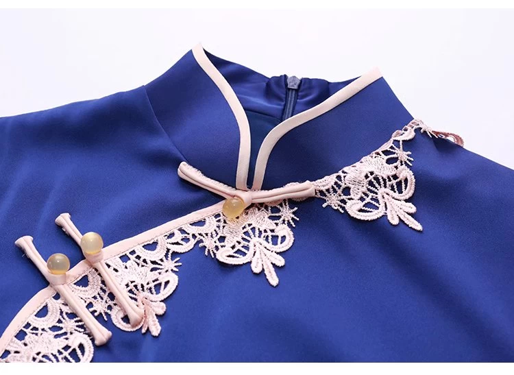Women Acetate Satin Modern Hanfu Qipao Dress Sapphire Blue | HANFUBAO