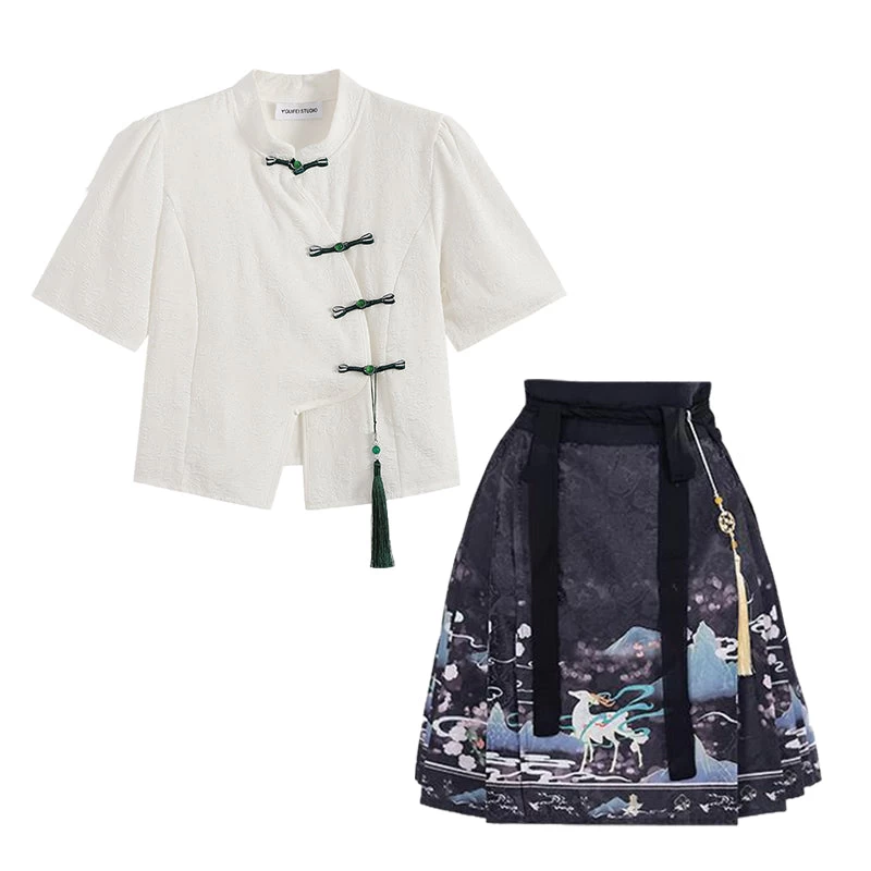 Women Modern Daily Hanfu 2-Piece Set Shirt+Skirt Mountain Deer Print|HANFUBAO