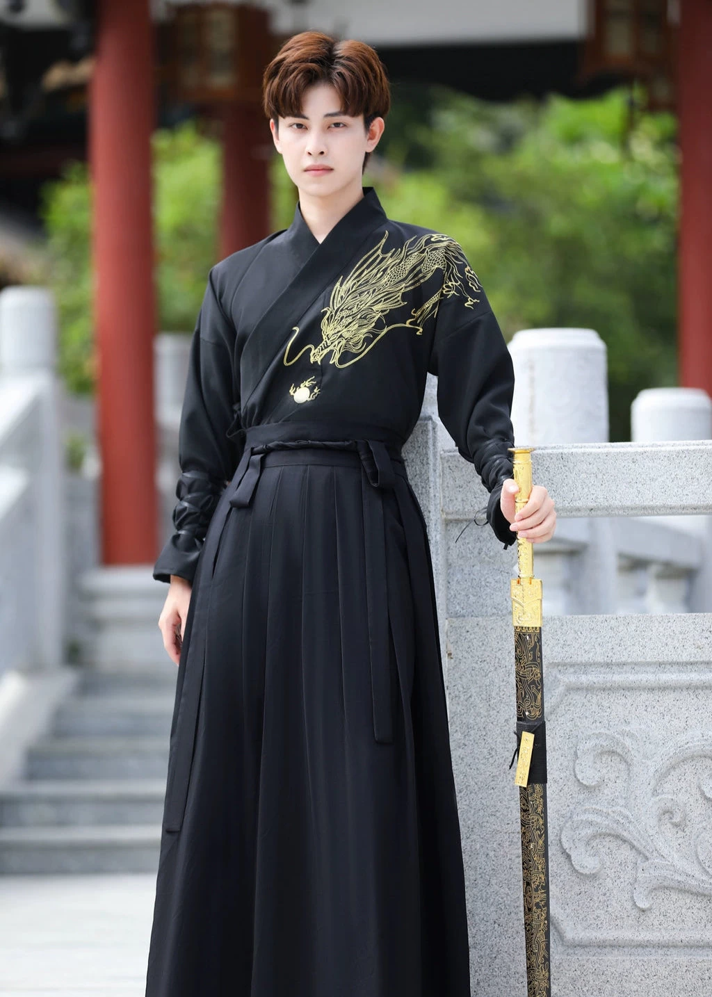 Men's 5-Piece Daily Hanfu Set Black Dragon Embroidered Plus Size| HANFUBAO