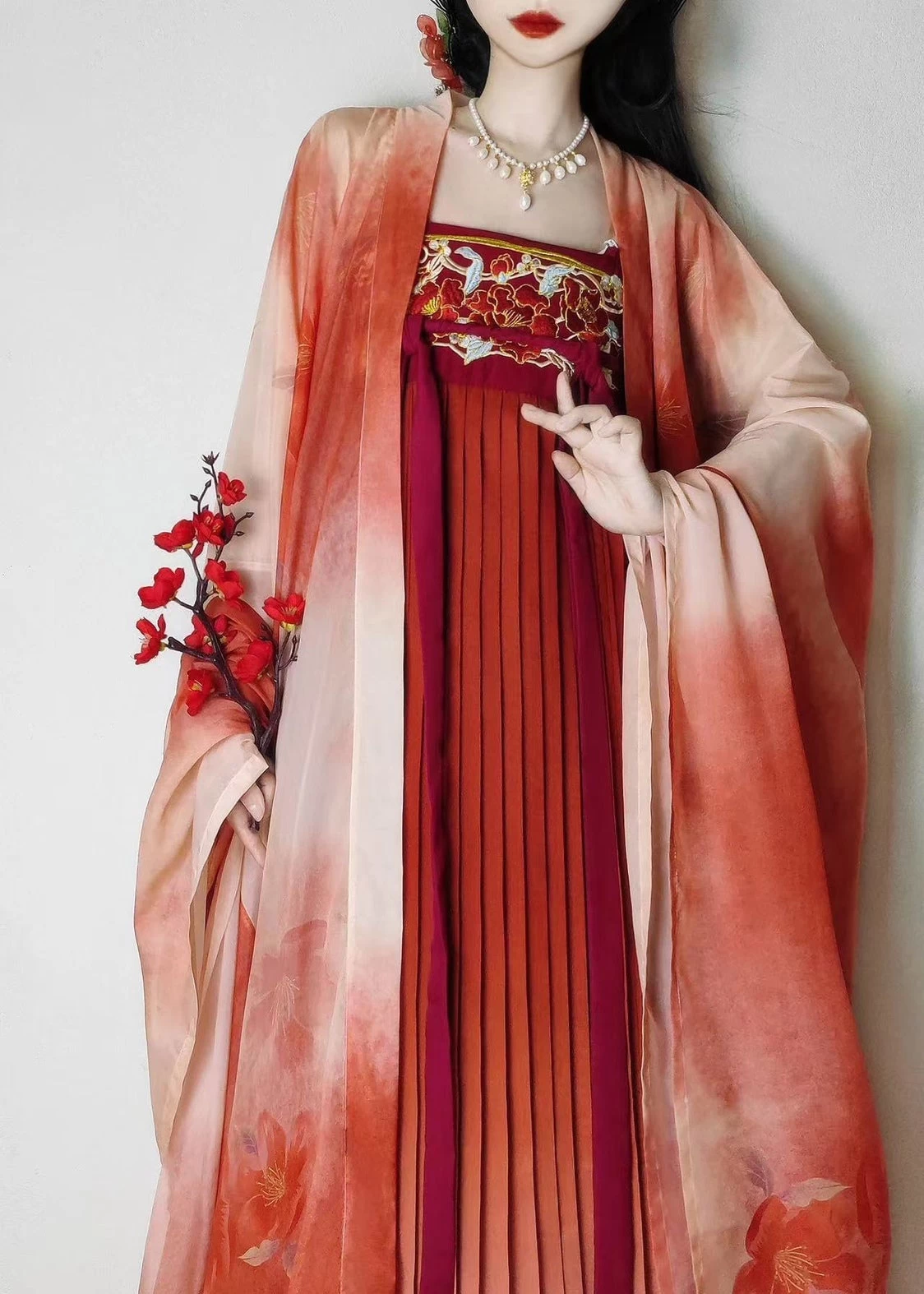 Women's Plus Size Chiffon 3-Piece Hanfu Set Camellia Skirt Coverup Shawl | HANFUBAO