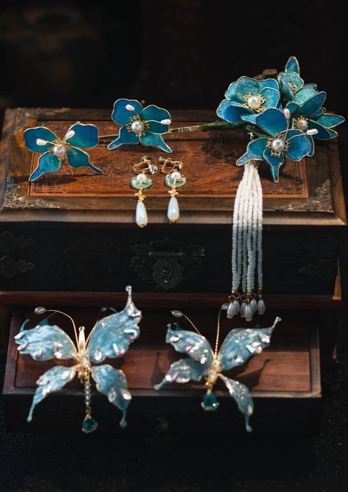 Women Blue Butterfly Fabric Hairpin Set with Faux Pearl for Hanfu Styling | HANFUBAO
