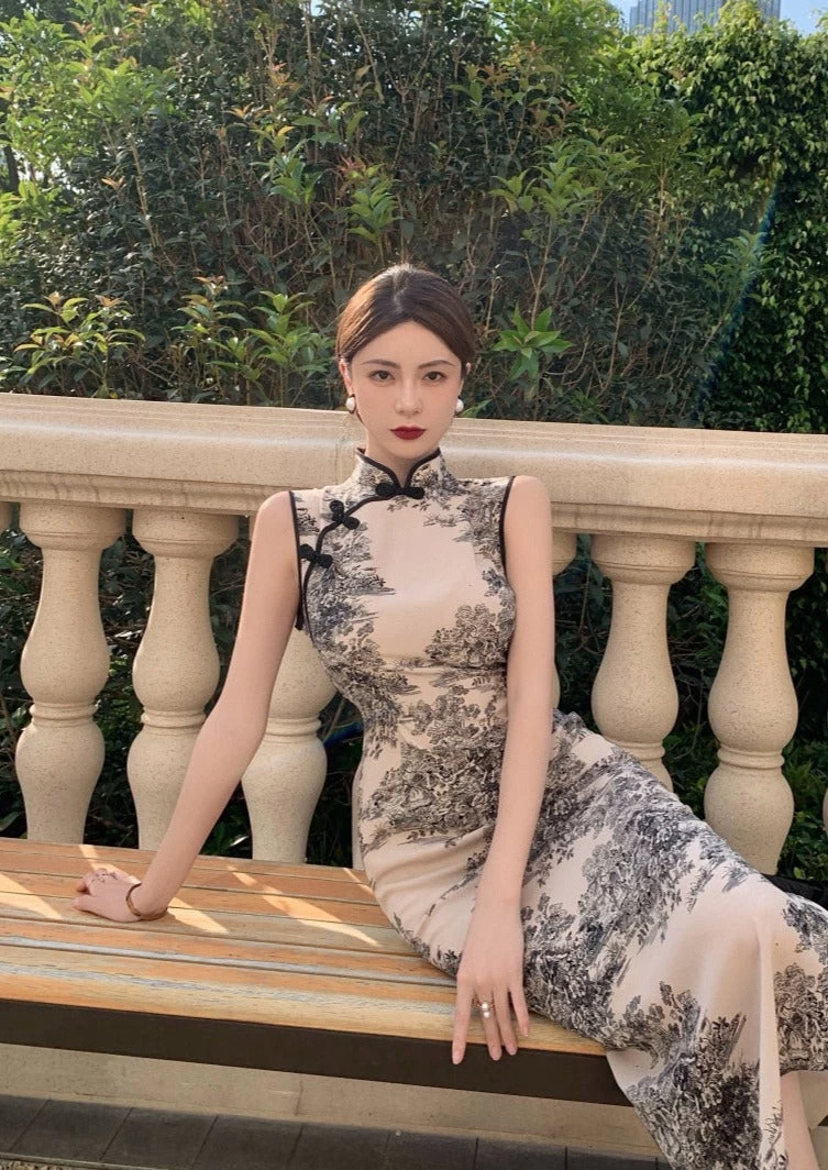 Women's Vintage Ink Wash Printed Beige Qipao Cheongsam Dress| HANFUBAO