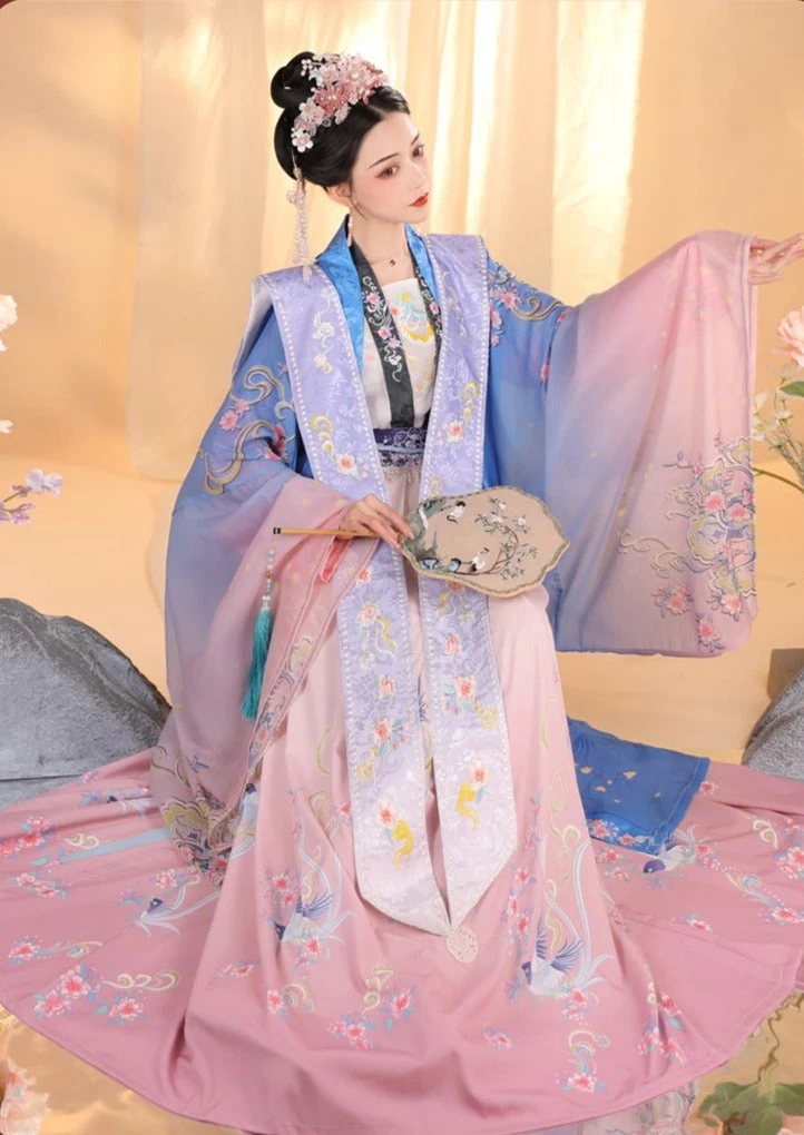 Women Modern Hanfu Set Blue Magpie Print & Flower Embroidery Ice Silk | HANFUBAO