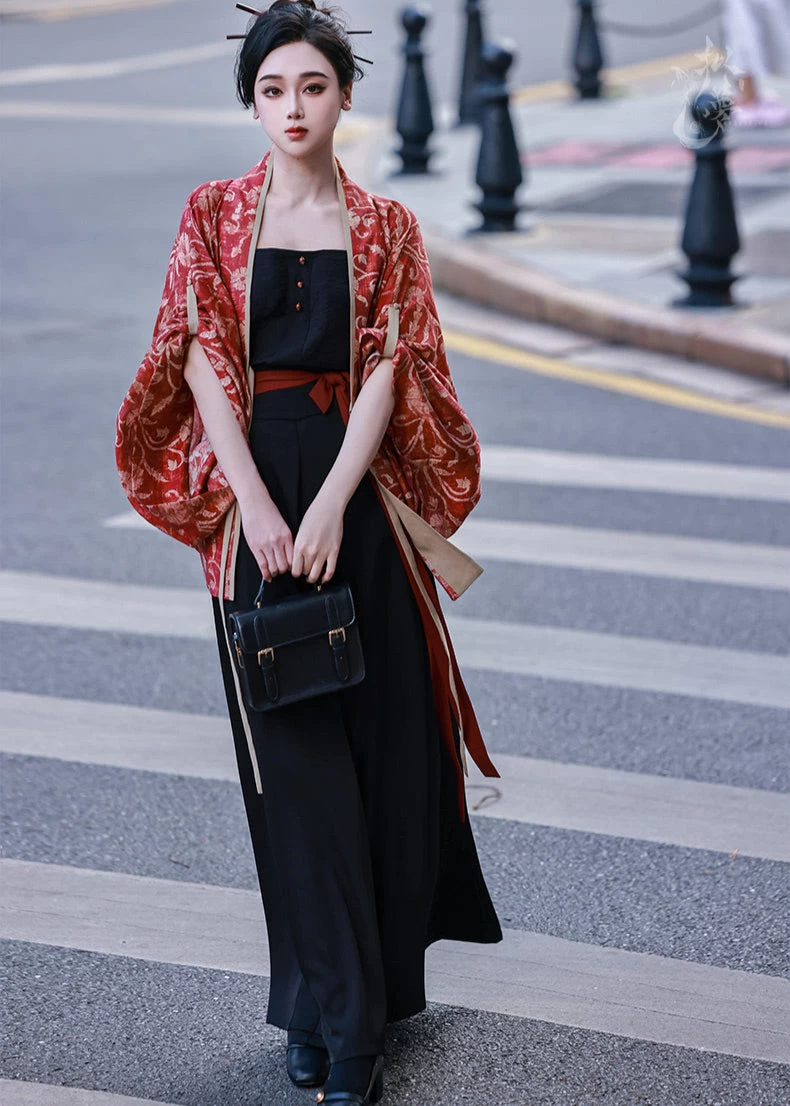 Women Tencel Linen Modern Hanfu 4-Piece Pants Set Vermilion | HANFUBAO