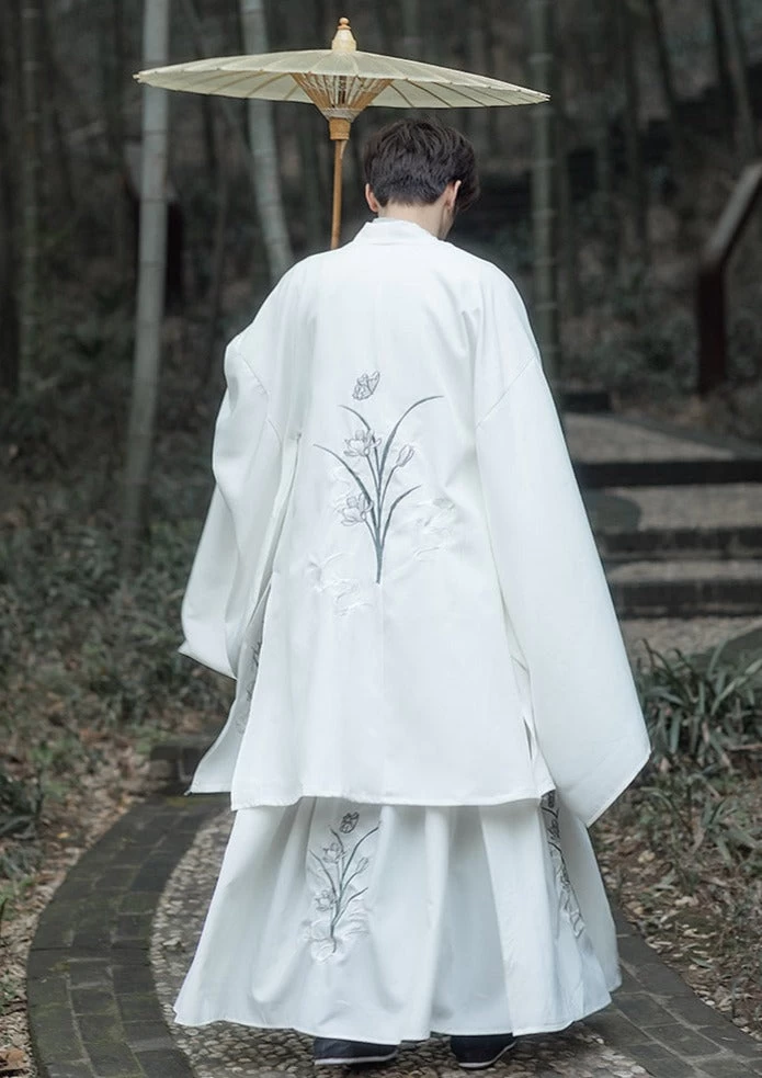 Men's Daily Hanfu Set Gray Orchid Embroidery Yarn  Plus Size | HANFUBAO